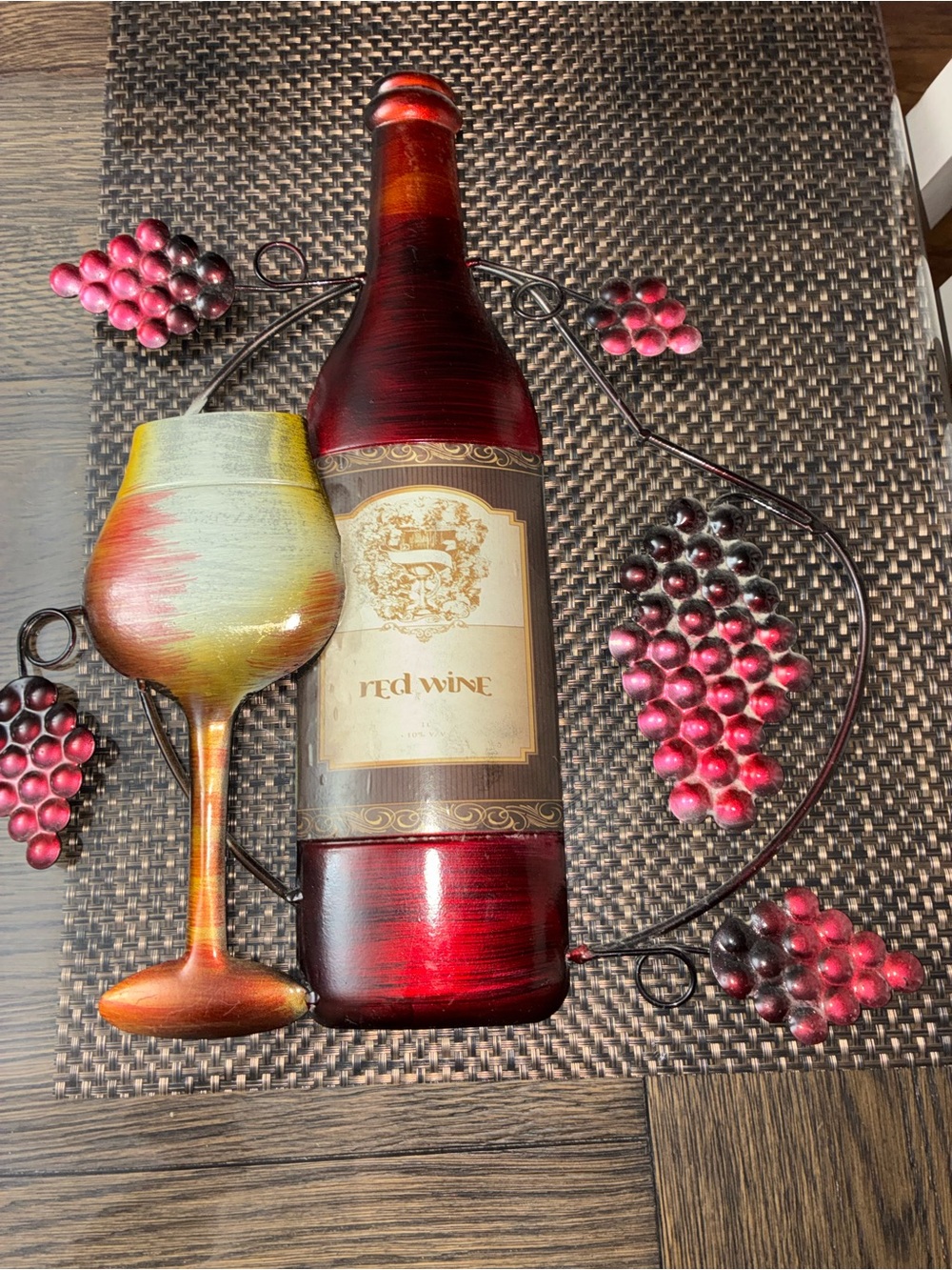 Red and Gold Wine Bottle Wall Art with Multicolor Glass Accent